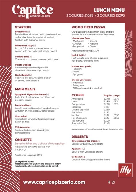 caprice restaurant menu